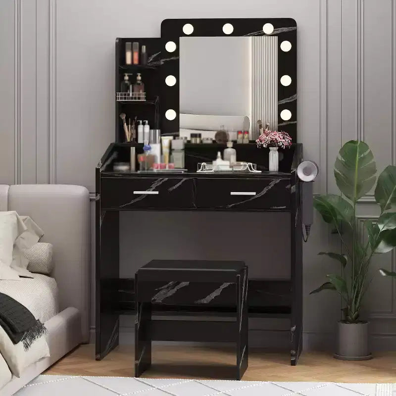 Coiffeuse avec miroir, tabouret et lumières 3 couleurs, Table de maquillage avec prise de courant, Coiffeuse avec support pour sèche-cheveux pour chambre à coucher