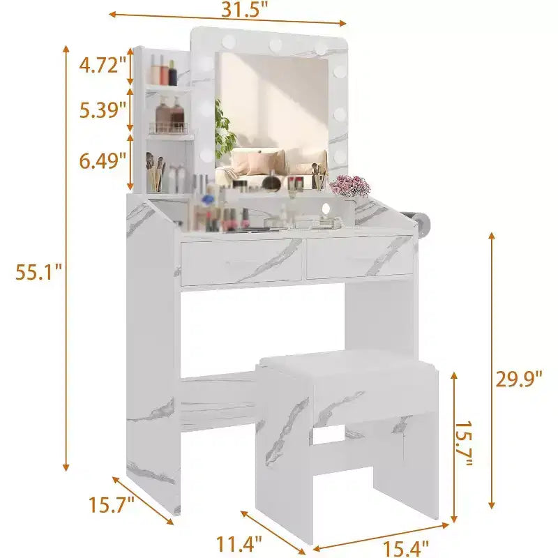 Coiffeuse avec miroir, tabouret et lumières 3 couleurs, Table de maquillage avec prise de courant, Coiffeuse avec support pour sèche-cheveux pour chambre à coucher