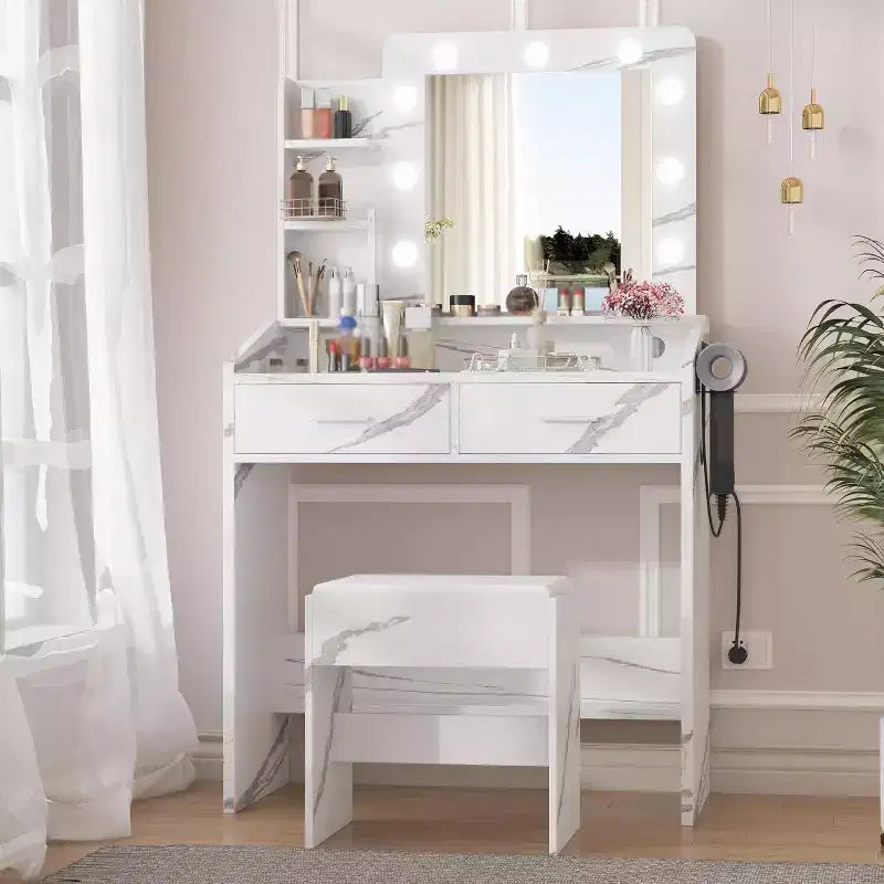 Coiffeuse avec miroir, tabouret et lumières 3 couleurs, Table de maquillage avec prise de courant, Coiffeuse avec support pour sèche-cheveux pour chambre à coucher