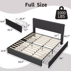 Cadre de lit King Size avec tête de lit haute capitonnée à oreilles, cadre de lit King Size en velours rembourré avec 4 tiroirs de rangement et support à lattes en bois