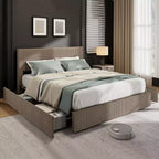 Cadre de lit King Size avec tête de lit haute capitonnée à oreilles, cadre de lit King Size en velours rembourré avec 4 tiroirs de rangement et support à lattes en bois
