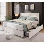 Cadre de lit King Size avec tête de lit haute capitonnée à oreilles, cadre de lit King Size en velours rembourré avec 4 tiroirs de rangement et support à lattes en bois