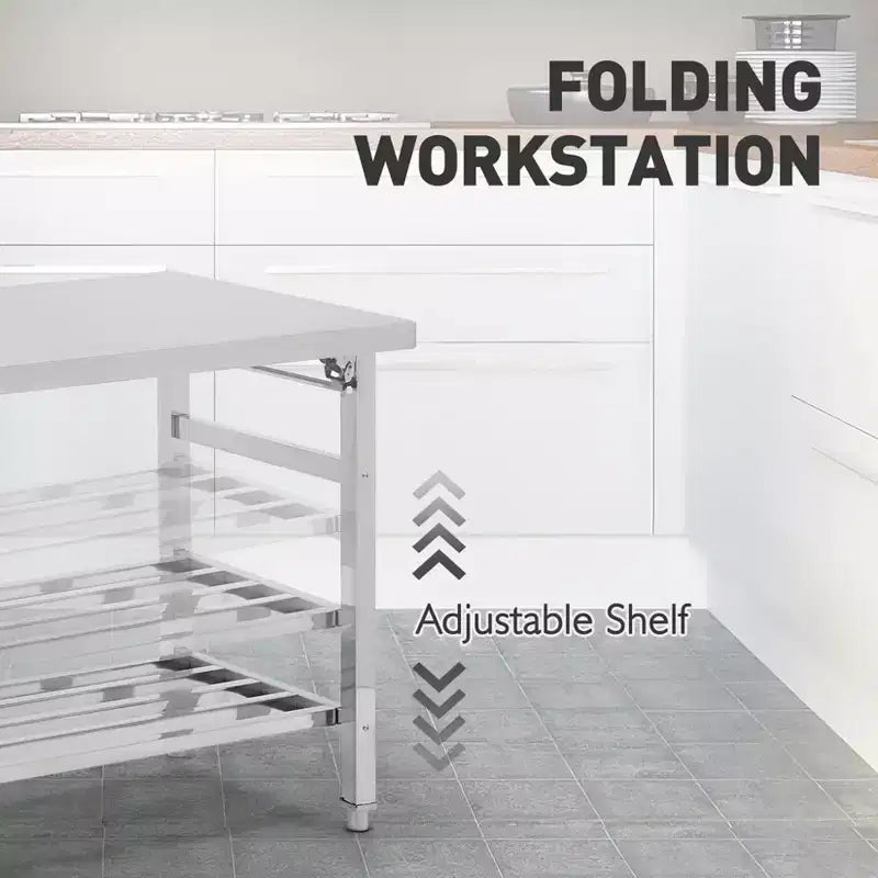 Table en acier inoxydable, table pliante robuste de 30 x 48 pouces pour cuisine, table de préparation commerciale en acier inoxydable avec étagère inférieure réglable