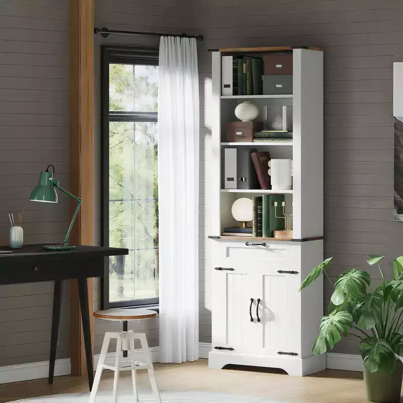Étagère de 183 cm avec Armoire de Rangement, Bibliothèque de Ferme à 4 Niveaux avec Porte Coulissante et Étagères Réglables