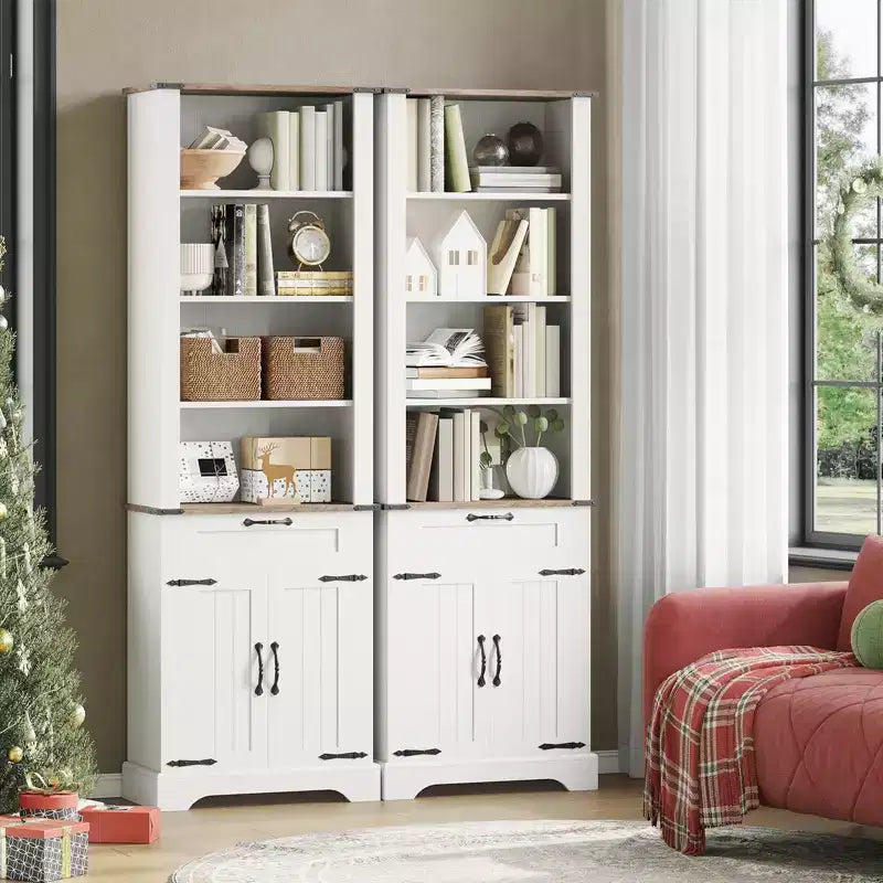 Étagère de 183 cm avec Armoire de Rangement, Bibliothèque de Ferme à 4 Niveaux avec Porte Coulissante et Étagères Réglables