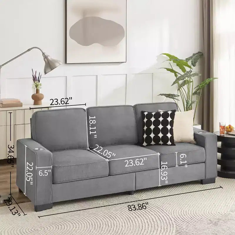 MAYEERTY Canapé moderne de 213 cm en tissu Snowfleece à 3 places pour salon, chambre, bureau, gris