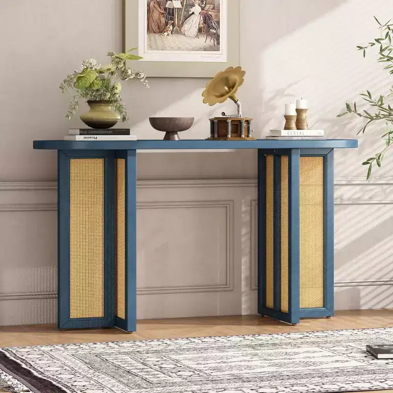 MAYEERTY Console en rotin Étroite avec Rangement pour Salon Couloir Bleu Marine