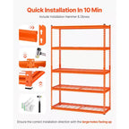 Étagères de rangement VEVOR, 1134 kg, étagères de garage robustes à 5 niveaux, étagères métalliques réglables 45,7 P x 121,9 L x 182,9 H, Orange