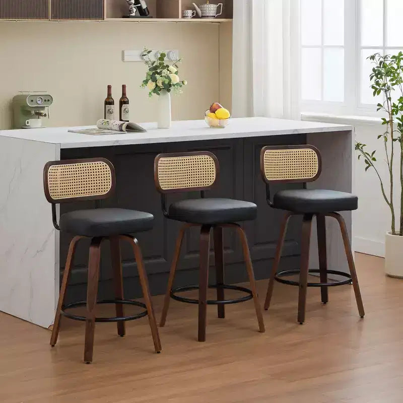 CLIHOME Tabourets de Bar Hauteur Comptoir 3 Pièces - Tabourets de Bar 26" en Rotin avec Dossier en Cannage et Assise Rembourrée