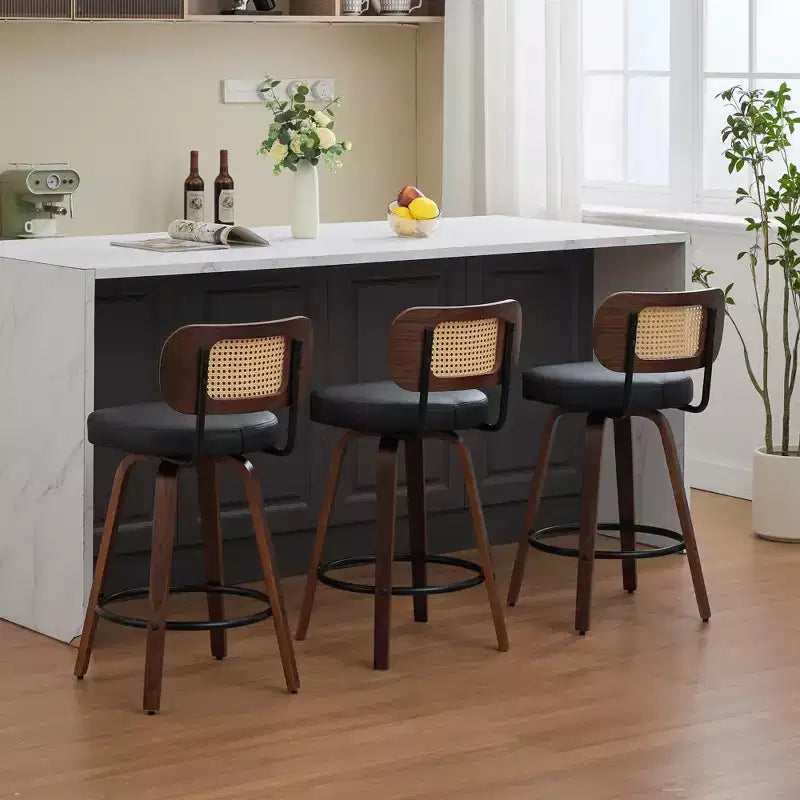 CLIHOME Tabourets de Bar Hauteur Comptoir 3 Pièces - Tabourets de Bar 26" en Rotin avec Dossier en Cannage et Assise Rembourrée