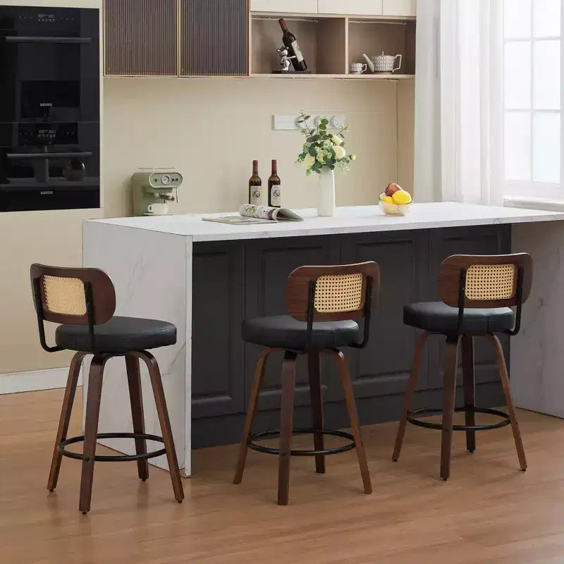 CLIHOME Tabourets de Bar Hauteur Comptoir 3 Pièces - Tabourets de Bar 26" en Rotin avec Dossier en Cannage et Assise Rembourrée