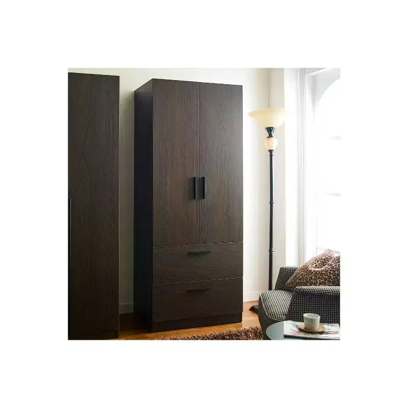 Placard en bois à deux portes avec deux tiroirs et barres de suspension HomeStock Brook, marron foncé