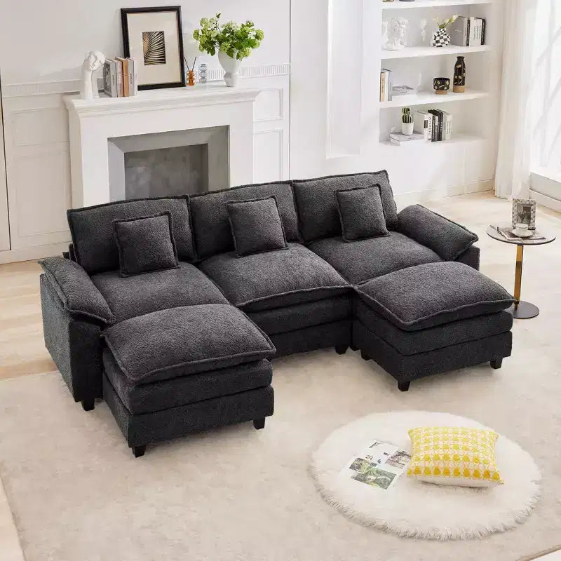 Likepay 105.9 po. Canapé d'angle 5 places en tissu chenille avec 2 poufs