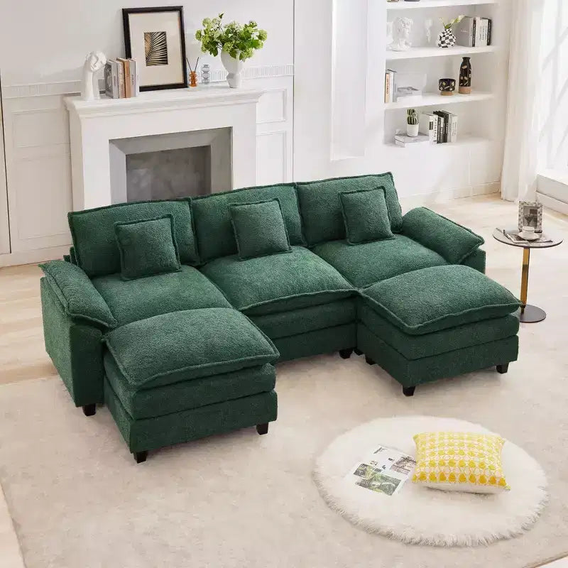 Likepay 105.9 po. Canapé d'angle 5 places en tissu chenille avec 2 poufs
