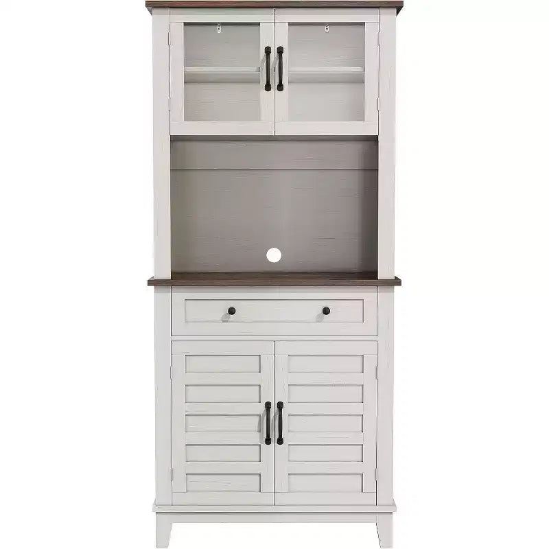 72 Tall Farmhouse Pantry Cabinet with Doors and Drawer, Adjustable Shelves Storage Hutch, Freestanding Kitchen Coffee Bar, White+Brown