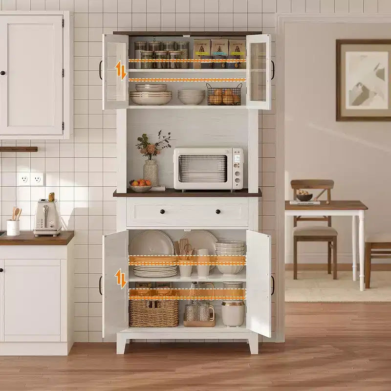 Meuble de rangement de ferme de 72 po avec portes et tiroir, étagères réglables, buffet de rangement autonome pour cuisine, bar à café, blanc + marron