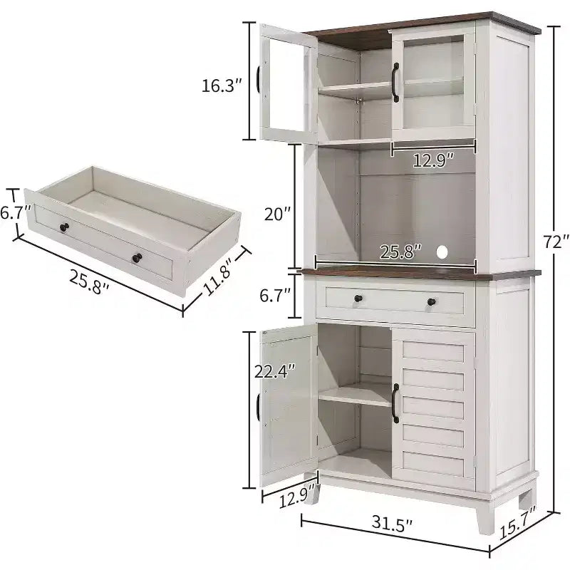 Meuble de rangement de ferme de 72 po avec portes et tiroir, étagères réglables, buffet de rangement autonome pour cuisine, bar à café, blanc + marron