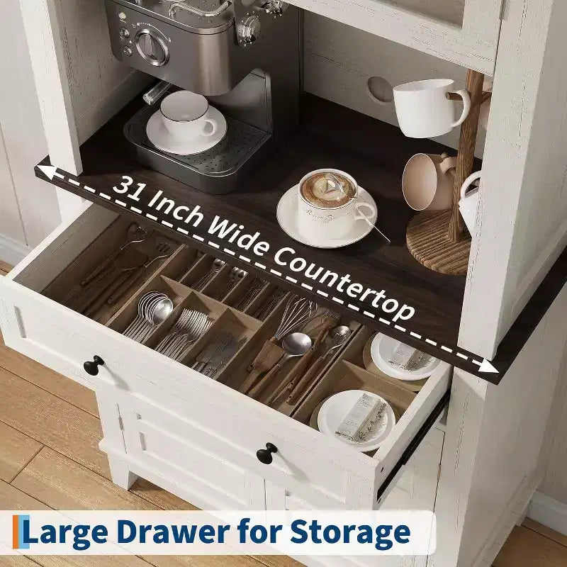 Meuble de rangement de ferme de 72 po avec portes et tiroir, étagères réglables, buffet de rangement autonome pour cuisine, bar à café, blanc + marron