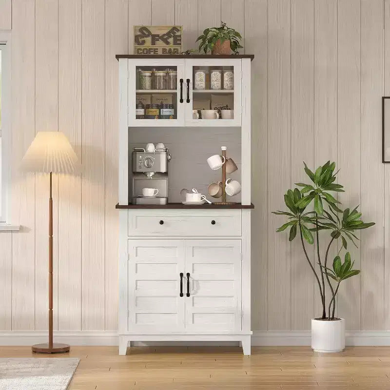 Meuble de rangement de ferme de 72 po avec portes et tiroir, étagères réglables, buffet de rangement autonome pour cuisine, bar à café, blanc + marron