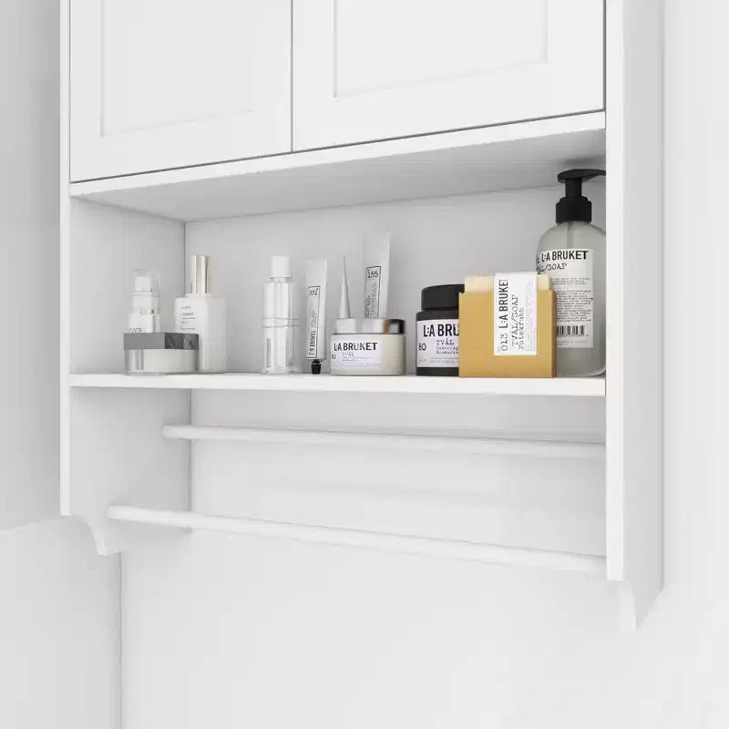 Meuble haut de salle de bain avec portes, étagère réglable, porte-serviettes et porte-papier hygiénique, armoire de rangement au-dessus des toilettes, armoire à pharmacie pour salle de bain-Blanc