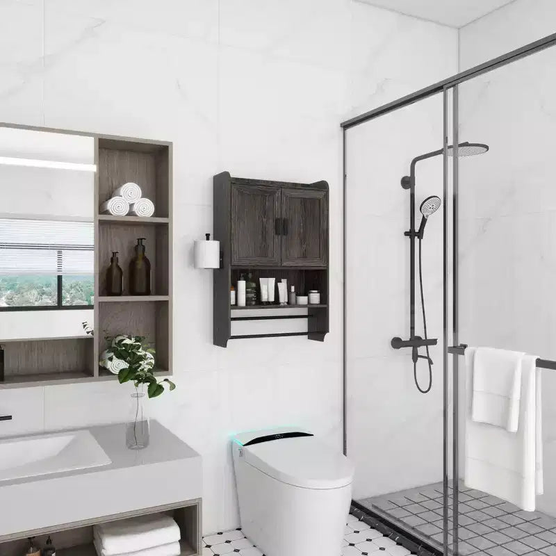 Meuble haut de salle de bain avec portes, étagère réglable, porte-serviettes et porte-papier hygiénique, armoire de rangement au-dessus des toilettes, armoire à pharmacie pour salle de bain-Blanc