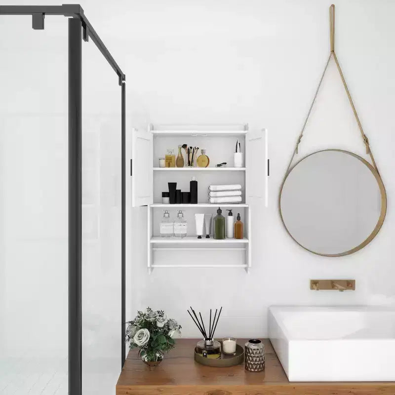 Meuble haut de salle de bain avec portes, étagère réglable, porte-serviettes et porte-papier hygiénique, armoire de rangement au-dessus des toilettes, armoire à pharmacie pour salle de bain-Blanc