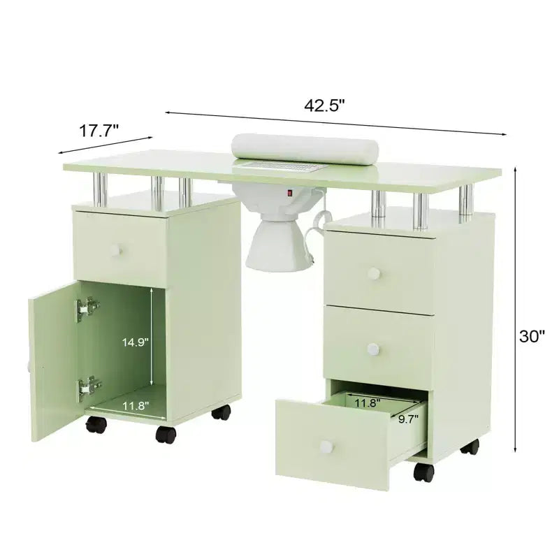 Karlhome Table de manucure blanche en MDF avec 3 tiroirs, rangement, portes et collecteur de poussière électrique, 108 cm