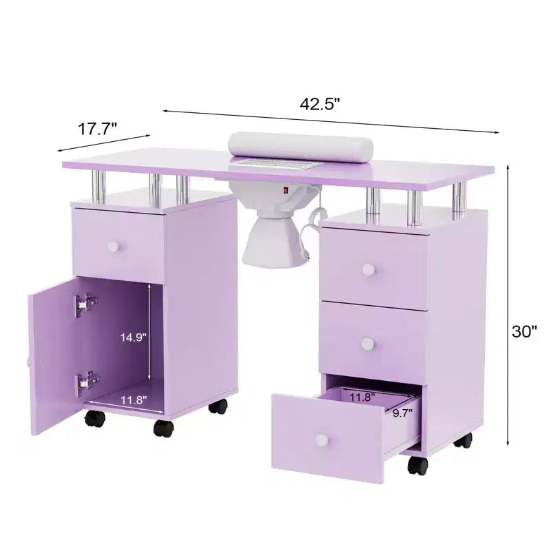 Karlhome Table de manucure blanche en MDF avec 3 tiroirs, rangement, portes et collecteur de poussière électrique, 108 cm