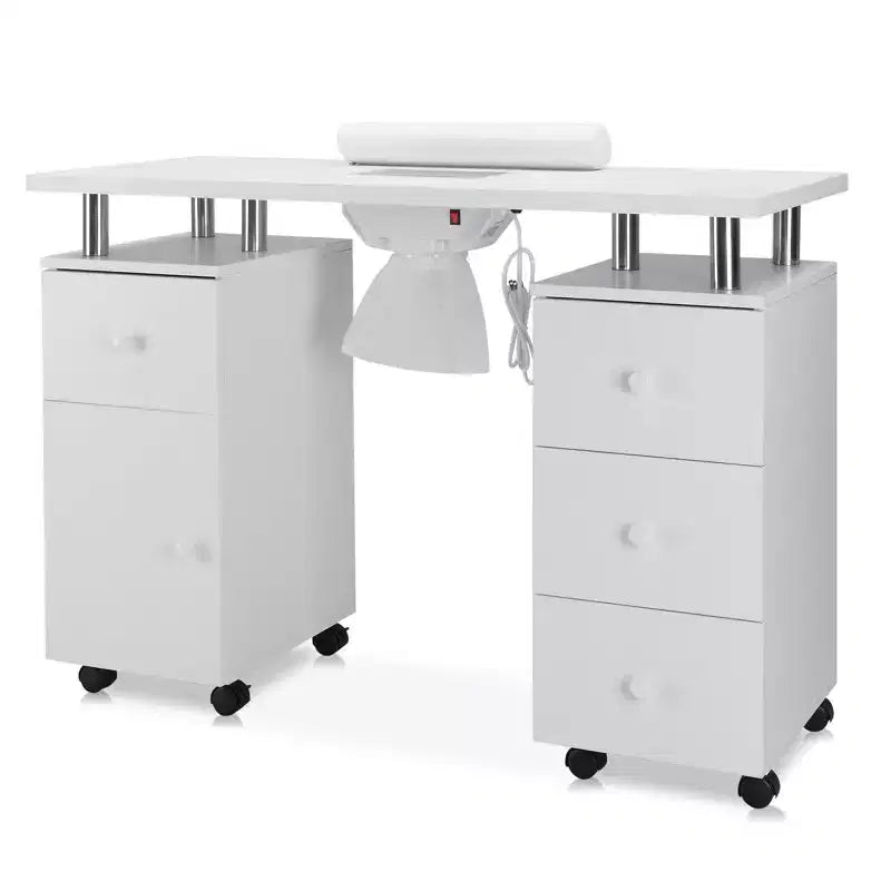 Karlhome Table de manucure blanche en MDF avec 3 tiroirs, rangement, portes et collecteur de poussière électrique, 108 cm