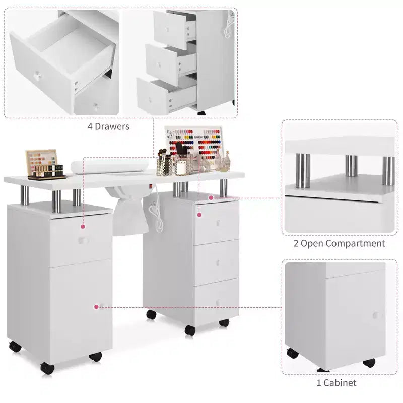 Karlhome Table de manucure blanche en MDF avec 3 tiroirs, rangement, portes et collecteur de poussière électrique, 108 cm