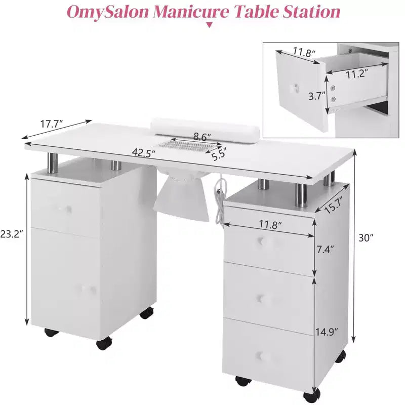 Karlhome Table de manucure blanche en MDF avec 3 tiroirs, rangement, portes et collecteur de poussière électrique, 108 cm