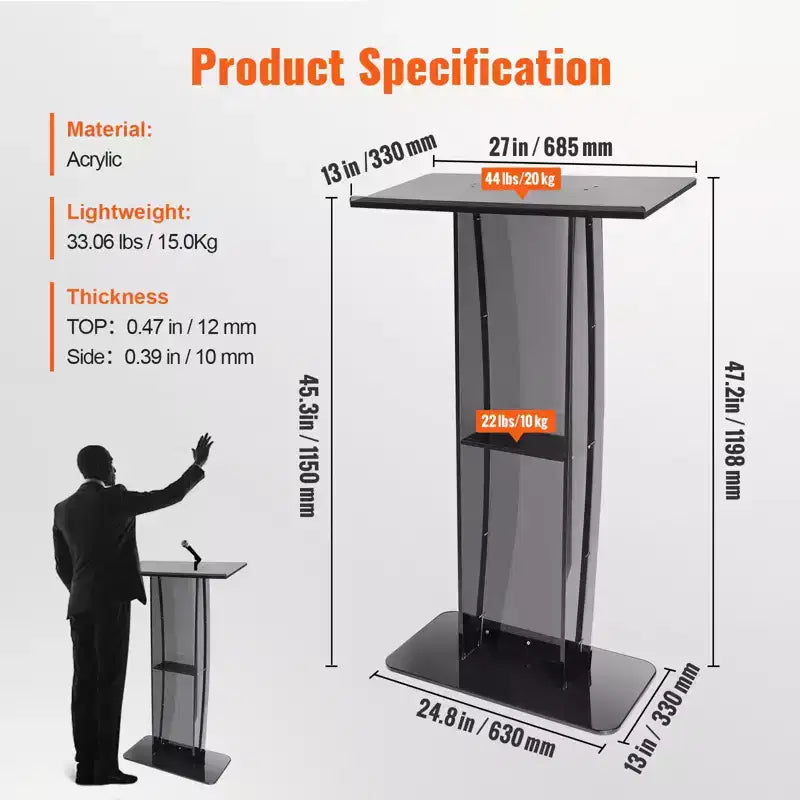 VEVOR Pupitre en acrylique, support de pupitre en acrylique de 119 cm avec large surface de lecture et étagère de rangement, pupitres transparents en acrylique sur pied, noir