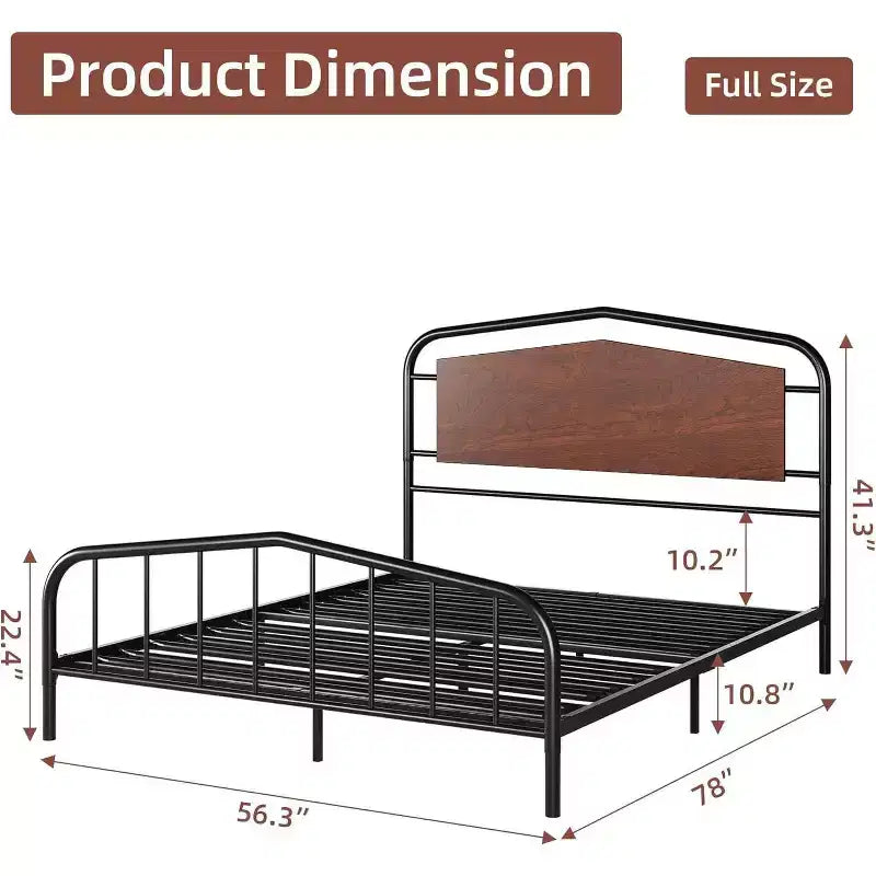Cadre de lit double, Plateforme métallique robuste, Tête de lit et pied de lit en bois, Grand espace de rangement sous le lit, Silencieux, Pas besoin de sommier tapissier, Noyer