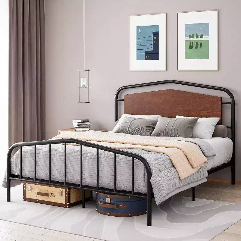 Cadre de lit double, Plateforme métallique robuste, Tête de lit et pied de lit en bois, Grand espace de rangement sous le lit, Silencieux, Pas besoin de sommier tapissier, Noyer
