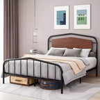 Cadre de lit double, Plateforme métallique robuste, Tête de lit et pied de lit en bois, Grand espace de rangement sous le lit, Silencieux, Pas besoin de sommier tapissier, Noyer
