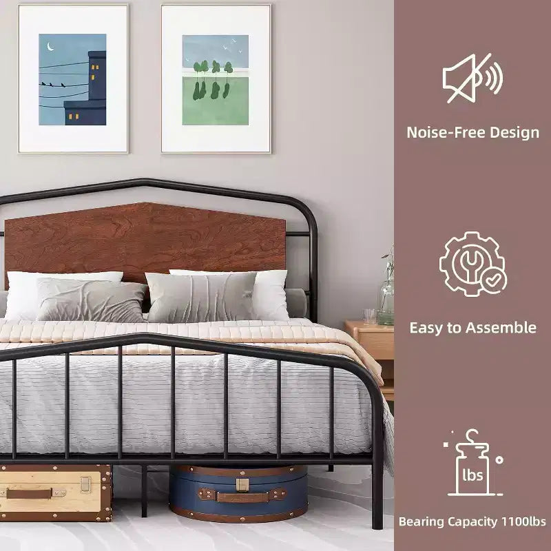 Cadre de lit double, Plateforme métallique robuste, Tête de lit et pied de lit en bois, Grand espace de rangement sous le lit, Silencieux, Pas besoin de sommier tapissier, Noyer