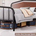 Cadre de lit double, Plateforme métallique robuste, Tête de lit et pied de lit en bois, Grand espace de rangement sous le lit, Silencieux, Pas besoin de sommier tapissier, Noyer