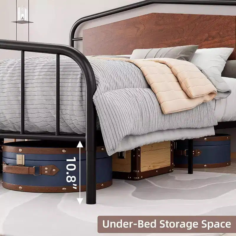 Cadre de lit double, Plateforme métallique robuste, Tête de lit et pied de lit en bois, Grand espace de rangement sous le lit, Silencieux, Pas besoin de sommier tapissier, Noyer