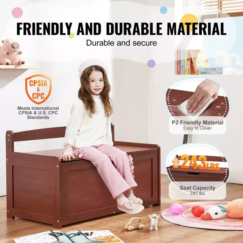 VEVOR Coffre à jouets en bois pour enfants, boîte de rangement pour jouets pour tout-petits avec couvercle à charnière de sécurité, grande banquette de rangement pour enfants de 83 x 45,5 x 61 cm, cerisier