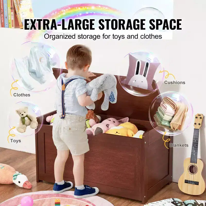 VEVOR Coffre à jouets en bois pour enfants, boîte de rangement pour jouets pour tout-petits avec couvercle à charnière de sécurité, grande banquette de rangement pour enfants de 83 x 45,5 x 61 cm, cerisier