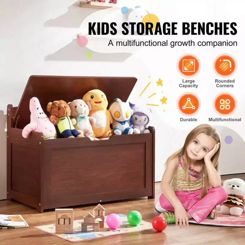 VEVOR Coffre à jouets en bois pour enfants, boîte de rangement pour jouets pour tout-petits avec couvercle à charnière de sécurité, grande banquette de rangement pour enfants de 83 x 45,5 x 61 cm, cerisier