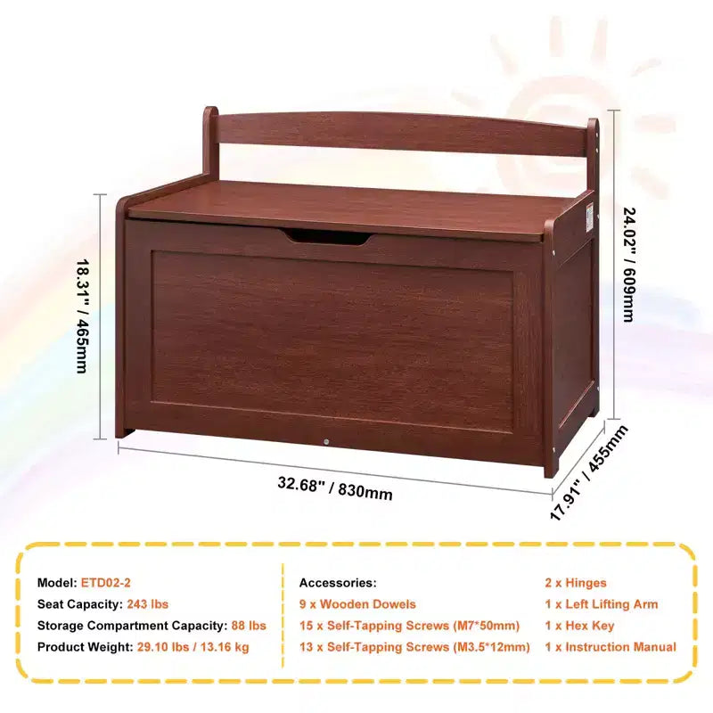 VEVOR Coffre à jouets en bois pour enfants, boîte de rangement pour jouets pour tout-petits avec couvercle à charnière de sécurité, grande banquette de rangement pour enfants de 83 x 45,5 x 61 cm, cerisier