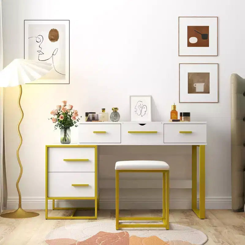Okak Coiffeuse Meuble de Maquillage avec Miroir, Armoire de Rangement Moderne avec 4 Tiroirs, Commodes en Bois avec Table de Chevet pour Chambre à Coucher