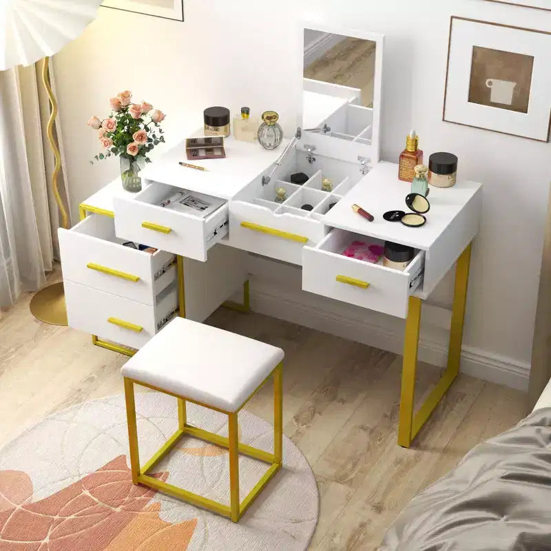 Okak Coiffeuse Meuble de Maquillage avec Miroir, Armoire de Rangement Moderne avec 4 Tiroirs, Commodes en Bois avec Table de Chevet pour Chambre à Coucher