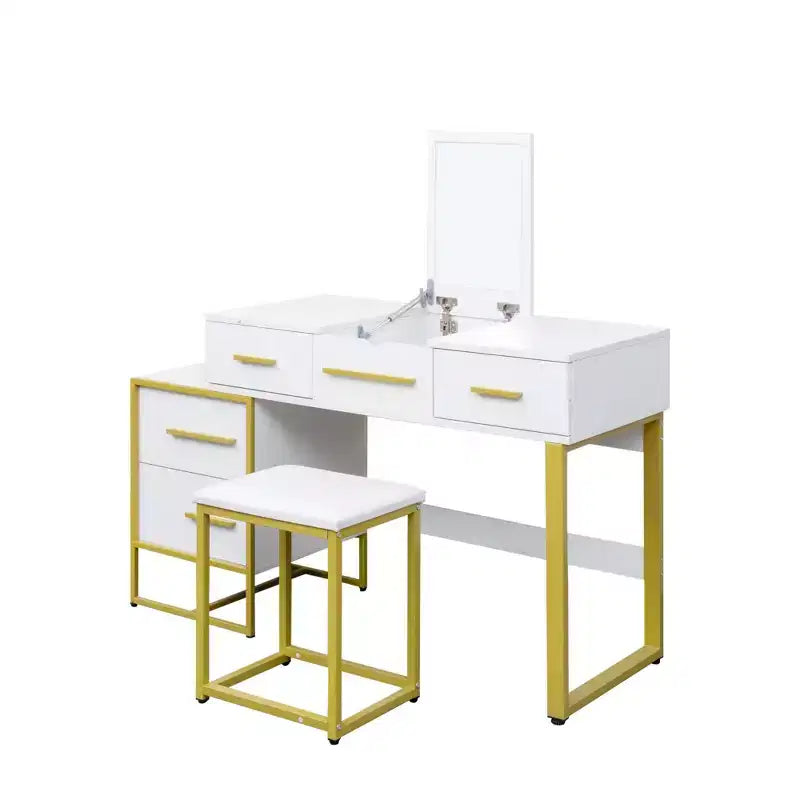 Okak Coiffeuse Meuble de Maquillage avec Miroir, Armoire de Rangement Moderne avec 4 Tiroirs, Commodes en Bois avec Table de Chevet pour Chambre à Coucher