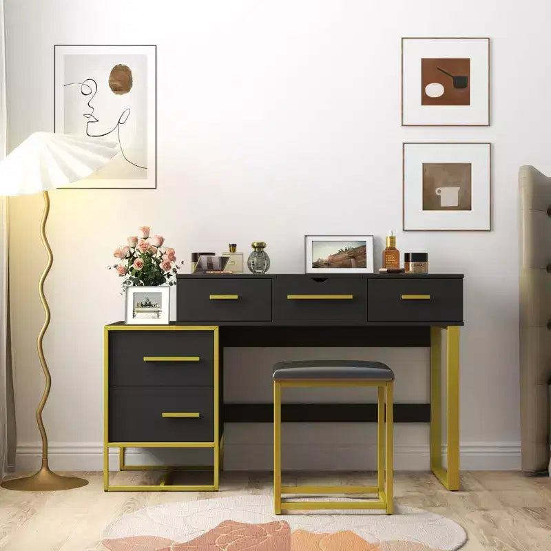 Okak Coiffeuse Meuble de Maquillage avec Miroir, Armoire de Rangement Moderne avec 4 Tiroirs, Commodes en Bois avec Table de Chevet pour Chambre à Coucher