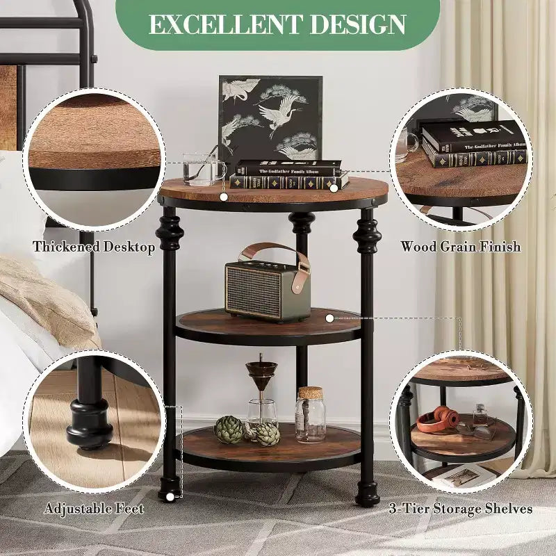 Table basse circulaire à trois niveaux, table basse à structure en acier, table d'appoint à colonne romaine, pour salon et chambre à coucher