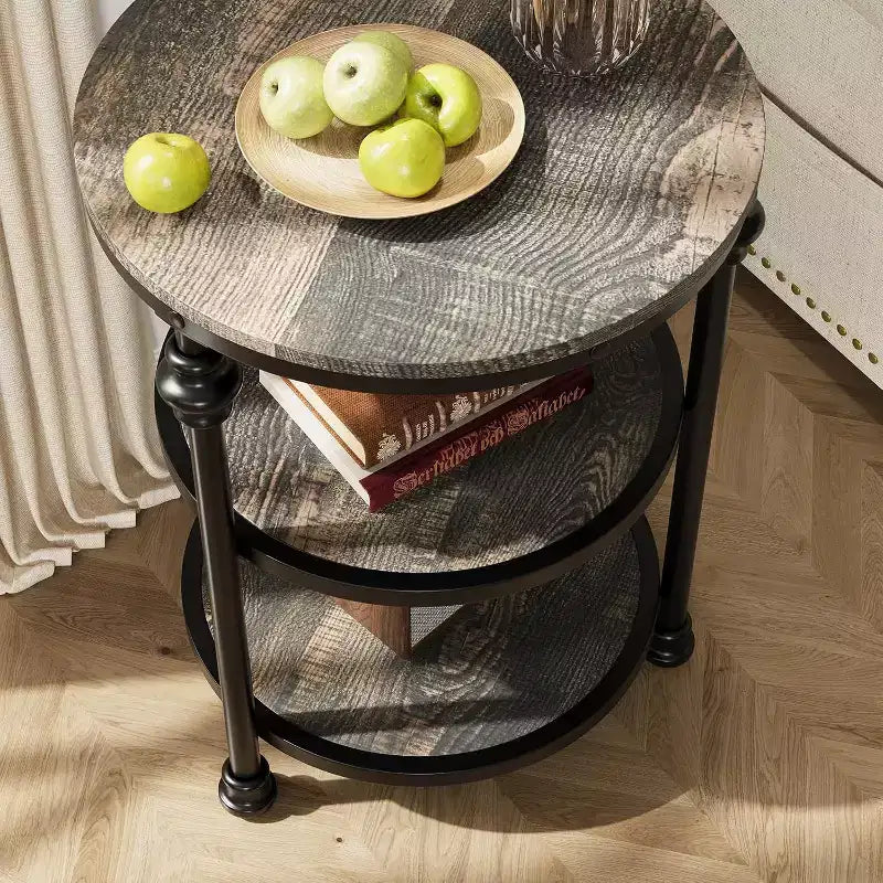 Table basse circulaire à trois niveaux, table basse à structure en acier, table d'appoint à colonne romaine, pour salon et chambre à coucher