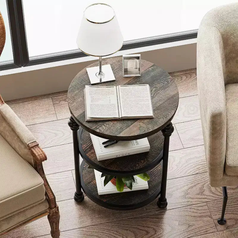 Table basse circulaire à trois niveaux, table basse à structure en acier, table d'appoint à colonne romaine, pour salon et chambre à coucher