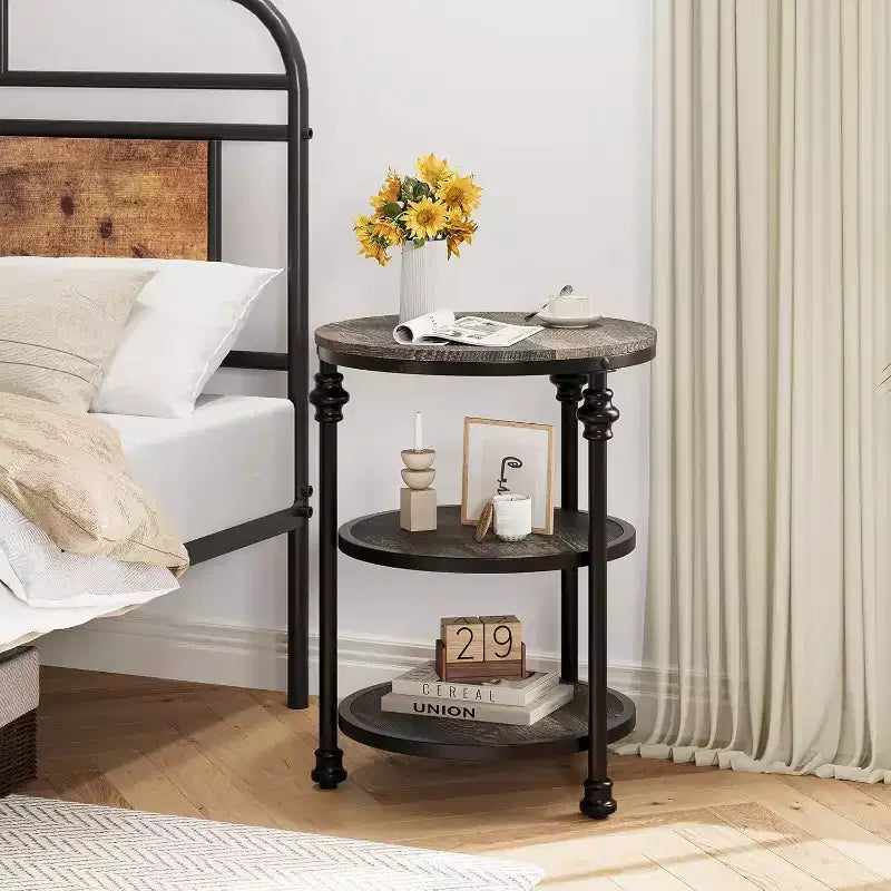 Table basse circulaire à trois niveaux, table basse à structure en acier, table d'appoint à colonne romaine, pour salon et chambre à coucher
